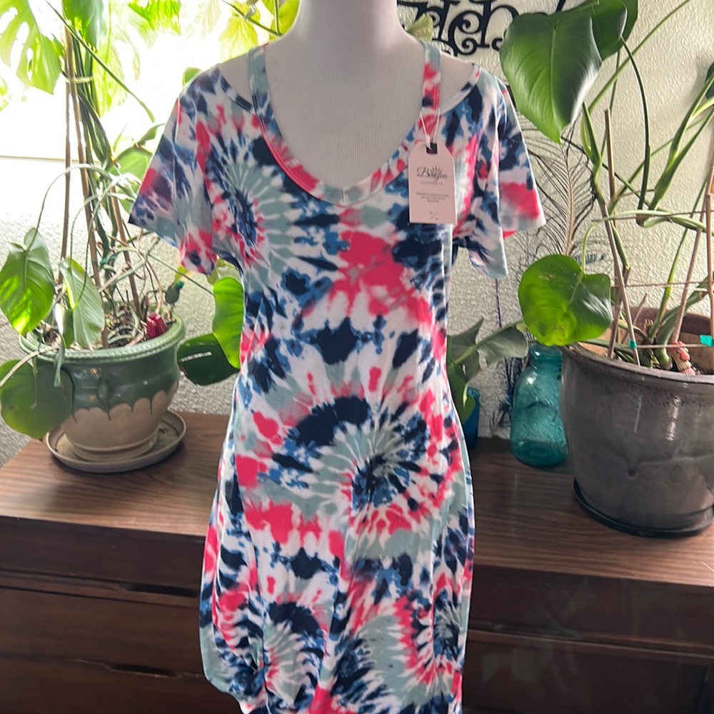 Tie-dye dress/cover-up with peekaboo shoulder and  knotted bottom hem
